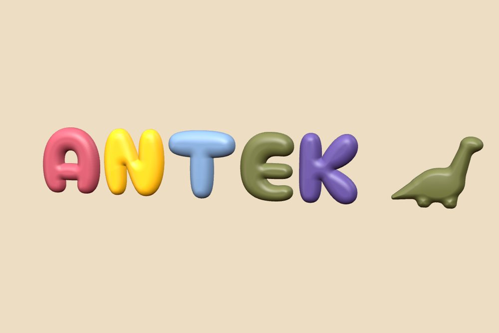 Litery 3D z imieniem ANTEK i dinozaurem z bliska, malowane na różne kolory